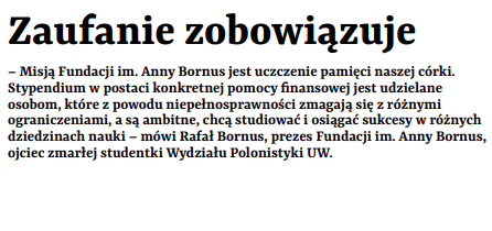 Screen wstępu artykułu z tytułem "Zaufanie zobowiązuje" i wypowiedzią Rafała Bornusa, Prezesa Fundacji.